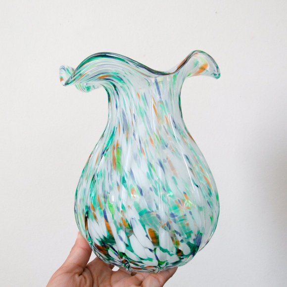 Artisan Glass Flower Vase Ruffle Rim Speckled Multicolor-Medium Bloom Vase - Picture 6 of 11